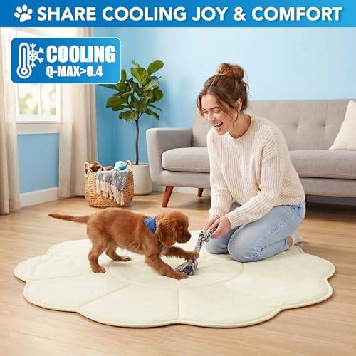 PetAmi Dog Cooling Mat, Flower Shape, Pet Pad with Cooling Nylon & Soft Fleece, Q-Max > 0.4 Reversible All Season Blanket for Dogs & Cats, Small 35x35 in, Beige - color: Beige, size: Small