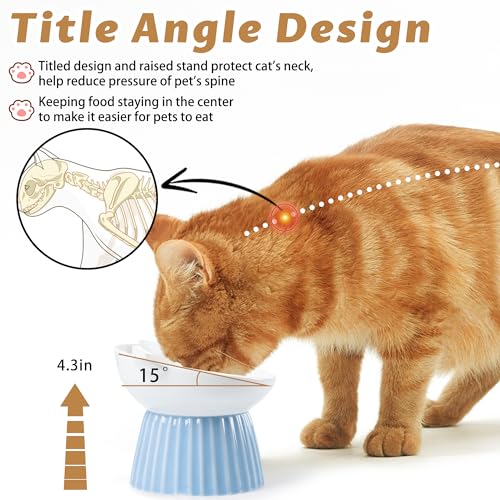 Ceramic Raised Cat Bowl，Tilted Raised Bowl Anti Vomit Bowls for Indoor Cats Whisker Friendly Pet Feeder for Cats Puppies, Microwave and Dishwasher Safe - color: Pink+Blue