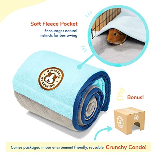 GuineaDad Original Reusable Cage Liner – Blue Fleece Bedding with Burrowing Pocket – Extra Absorbent Core & Waterproof Bottom – Fits C&C 2x4 Guinea Pig Cages – Small Animal Supplies