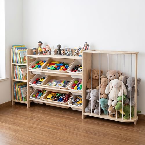 Amdermi Kids Toy Storage Organizer with Bookcase and Stuffed Animal Zoo, 4-in-1 Wooden Multi Bin Toy Shelf for Toddlers, Playroom, Bedroom, Nursery - color: Cream