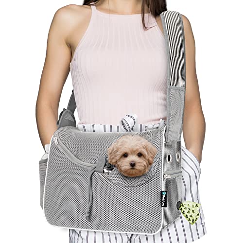 PetAmi Dog Sling Carrier Small Dogs, Hands Free Crossbody Carrier, Stripe | Under 10 lbs, Puppy Cat Pet Travel Gift, Breathable Mesh, Padded Strap, Removable Sherpa Bed, Pockets & Poop Bag Dispenser - color: Stripe Black