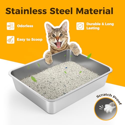 Stainless Steel Cat Litter Box,Extra Large Metal Litter Box,18Lx14x4 in | Extra Large Metal Litter Tray for Big Cats Kitty Rabbits,No Smell,Non Stick,Easy to Clean - color: 4"H, size: 18"L x 14"W