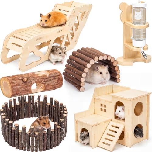 BreezeHug 6 Pcs Hamster Wooden Cage Accessories Include Hideout Climbing Tunnel Maze Wood House Natural Tunnel Tube Flexible Bridge Fence Water Bottle Toy Set for Small Animals Syrian Gerbil Rat - style: Stylish