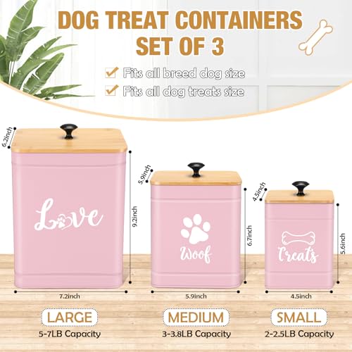 Jingmore Metal Dog Treat Containers Set of 3 with Bamboo Lids and Spoon Airtight 7+3+2 lbs Dog Food Snack Jars with DIY Labels Big Pet Cookie Storage Jar for Kitchen Counter (Pink,Funny) - color: Pink, style: Funny