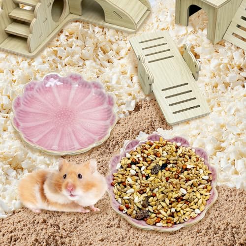 BNOSDM Shallow Ceramic Hamster Food Dish 2 Pcs Small Animals Food Bowl Sunflower Feeding Dishes for Gerbils Mice Rats 4.5in (Pink) - color: Pink Sunflower
