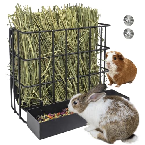 BESNEW 2-in-1 Large Rabbit Hay Feeder with Food Box,Upgraded Metal Guinea Pig Hay Feeder Hay-Leak Proof Bottom,Easy to Install,Bunny Supplies for Rabbit Guinea Pig Chinchilla Small Animals - color: Black, size: 10in feeder-box
