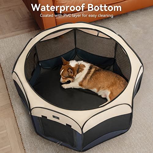 A 4 Pet 30-in Dog Playpen for Small Dogs & Puppies, Blue+Beige | Includes bowl, waterproof floor, pop-up design, home/travel/outdoor use - color: Blue+Beige, size: S(29.92"x29.92"x16.5")