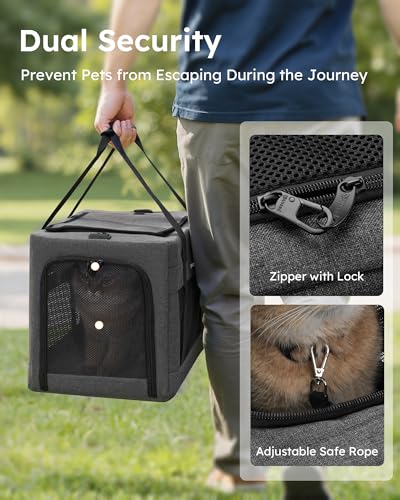 Pecute Cat Carrier, Portable Travel Dog Carrier with Stable Structure, Grey | Larger Space, 360° Ventilation & Comfort, Escape-Proof, for Travel / Car Trips / Vet Visits, Fits Cats up to 11 lbs - color: Grey