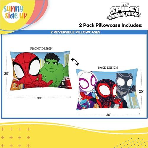 Sunny Side Up Marvel Spidey & His Amazing Friends 2 Pack Reversible Pillowcases - Double Sided Pillow Covers Features Spiderman, Ghost Spider & Miles Morales, Kids Super Soft Superhero Bedding - color: Multi - Spidey & Friends