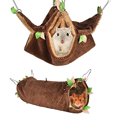 Petmolico 2 Pack Small Animal Hammocks, Warm Plush Hanging Tunnel & Double Tier Bunkbed Hammock Cage for Ferret Guinea Pig Chinchilla Squirrel Rat Hamster Hideout Sleeping Swing Hammock, Brown