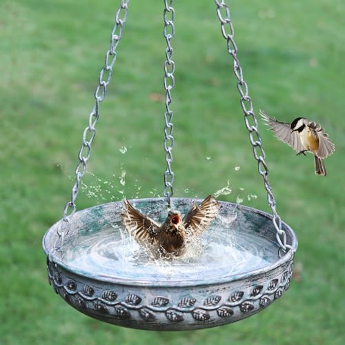Hanging Bird Bath Hanging Bird Feeder - Metal BirdBath Bowl Birdfeeder Tray for Garden Backyard Patio and Deck-Retro Green - color: green