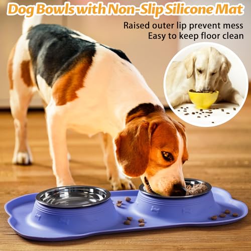 Hubulk Pet Dog Bowls 2 Stainless Steel Dog Bowl with No Spill Non-Skid Silicone Mat + Pet Food Scoop Water and Food Feeder Bowls for Feeding Small Medium Large Dogs Cats Puppies (Small, Purple) - color: Purple, size: Small
