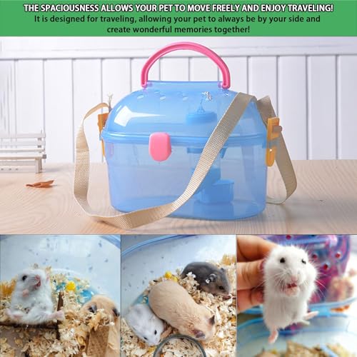 Portable Hamster Cage Syrian Hamster Carry Travel Cage with Water Bottle Food Bowl Adjustable Strap Pet Outgoing Cages for Gerbil Squirrel Guinea Pig Hedgehog Chinchilla - color: Blue | Hamster Carriers