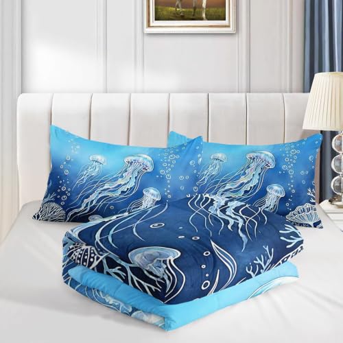 AILONEN Aqua Jellyfish Wave Full Comforter Set, Marine Plant Bedding Pack with 2 Pillowcases, Teen Bedroom - color: Sea8, size: Full