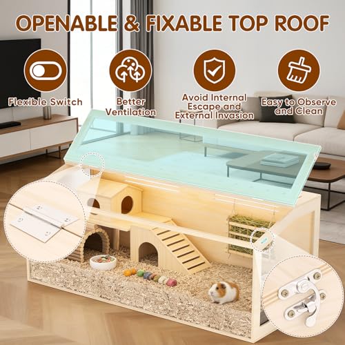 Wooden Hamster Cage, 48inch Large Hamster Enclosure with Openable Top & Stabilized Acrylic for Small Animals, Guinea Pig, Rabbit, Rat, 48" L x 20''W x 20''H Hamster Habitat with Multi-Vent - size: 48.0"L x 20.0"W x 20.0"H