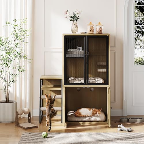 TrailBlaze Litter Box Enclosure with Platform, Double Layer Hidden Furniture, Modern Villa Cat Cabinet with Ladder, Hammock & Metal Mesh Door, Indoor Washroom Cat House-Burlywood - color: Burlywood