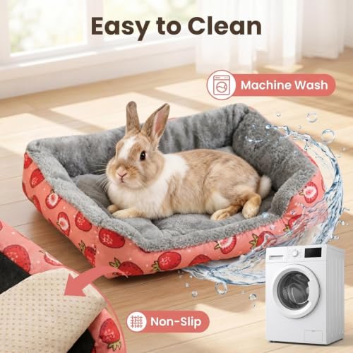Bunny Bed, Pink Strawberry Plush Rabbit Guinea Pig Bed with Non Slip Bottom, Cozy Bed for Ferret Hamster and Other Small Animals