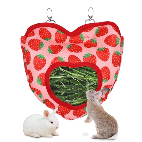 Rabbit Hay Feeder, 1 Hole Hanging Hay Bag for Rabbits Guinea Pig Bunny Chinchillas Washable Rabbit Hay Holder 10.6x11.8inch - color: heart strawberry