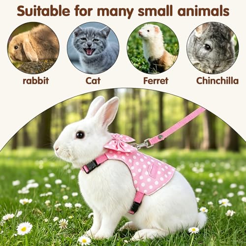 Rabbit Harness and Leash Set Escape Proof Plaid Bunny Vest with Bow Tie Breathable Mesh Harness Dual D Rings Adjustable Leash for Rabbit Guinea Pig Ferret Walking Training (Pink, S) - color: Pink, size: S