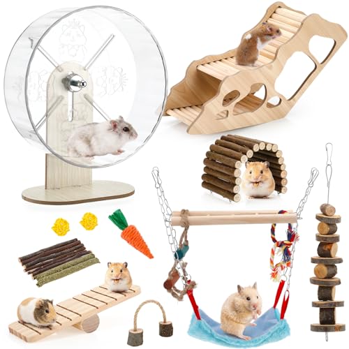 11 Pcs Hamster Cage Accessories Set, Bridge, Exercise Wheel, Swing, Chew Toys & More, Natural Wood Hamster Play Set for Dwarf Hamsters, Mice Small Animals Habitat (Maze Tunnel) - style: Maze Tunnel
