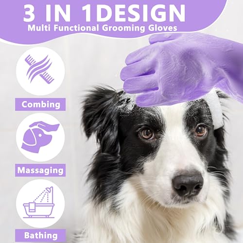 Pet Grooming Gloves—Dog Washing Gloves with High-Density Teeth | Dog Bath Scrubber with Enhanced Five Finger Design, Silicone Gloves for Dogs and Cats Bathing, Massage (Purple) - color: Purple