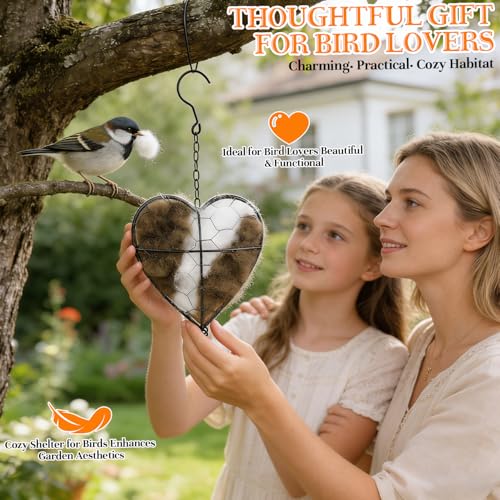 Handmade Alpaca Fiber Bird Nesting Heart–Refillable Natural Nesting Material Holder for Wild Birds,Hummingbirds&Chickadees,Winter Shelter&Garden Decoration,Spring and Summer Fowl Gifts for Bird Lovers