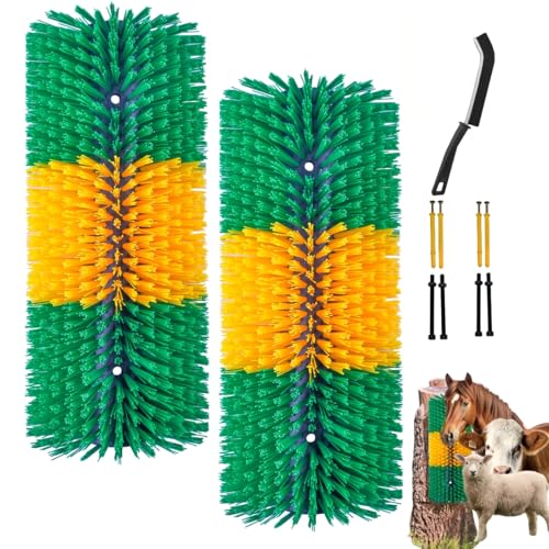 2PCS Livestock Scratching Brush, Goat Scratcher Post with Cleaning Brush, Grooming and Massage Brushes for Horse Cow Sheep, Animal Itch Relief and Back Scratcher - color: Green