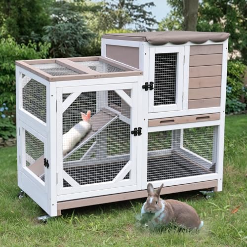 GUTINNEEN Rabbit Hutch Indoor Outdoor 2 Story Bunny House on Wheels Wood Rabbit Cage with 2 Pull Out Trays Guinea Pig Cage - size: 39.3"L Rabbit Hutch Brown
