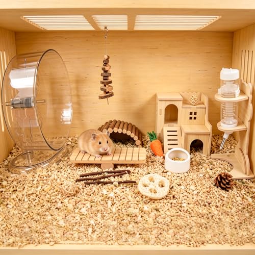 20 Pcs Hamster Cage Accessories Set, Includes 9.5" Silent Hamster Wheel, Maze Wooden House, Water Bottle Stand, Food Bowl & 16 Natural Chew Toys – Habitat Accessories for Hamster, Gerbil & Mouse