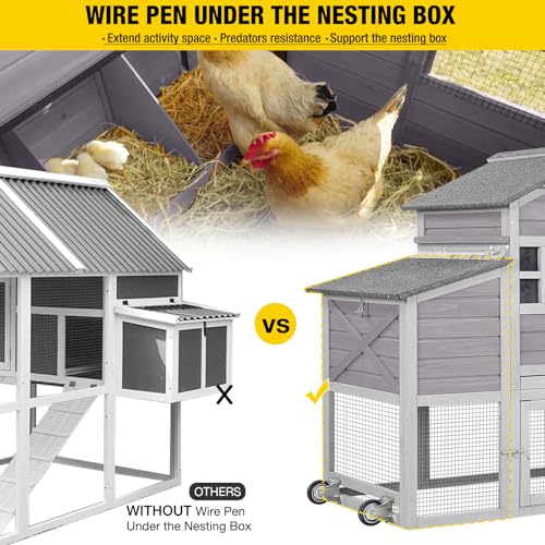 Aivituvin Chicken Coop Mobile Chicken House on Wheels Expandable Wooden Poultry Cage with Large Nesting Box Leakproof Pull-Out Tray Rabbit Hutch Bunny Cage,UV-Resistant Roof (Grey，AIR32) - size: Grey 73.38"L x 27.9"W x 43.2"H