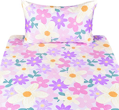 Scientific Sleep Purple Flower Painting Girls 100% Cotton 3 Pcs Twin Bed Sheet Set Kids Toddler Teen, Flat Sheet & Fitted Sheet & Pillowcase Kids Bedding Set (Floret, Twin) - color: Floret, size: Twin