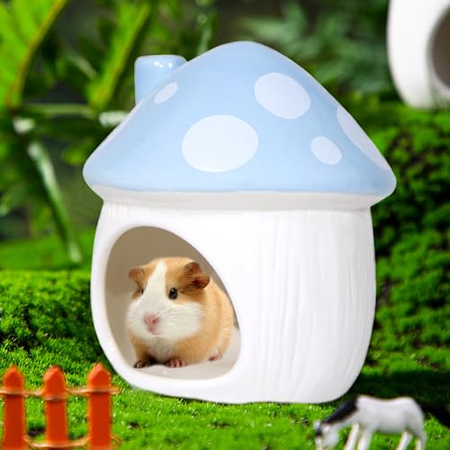 Ceramic Mushroom Hamster Hideout - Hamster Habitat for Hamsters Chinchillas Hedgehogs and Gerbils Mouse Small Pet Guinea Pigs House Hamster Bed (Blue) - color: Blue