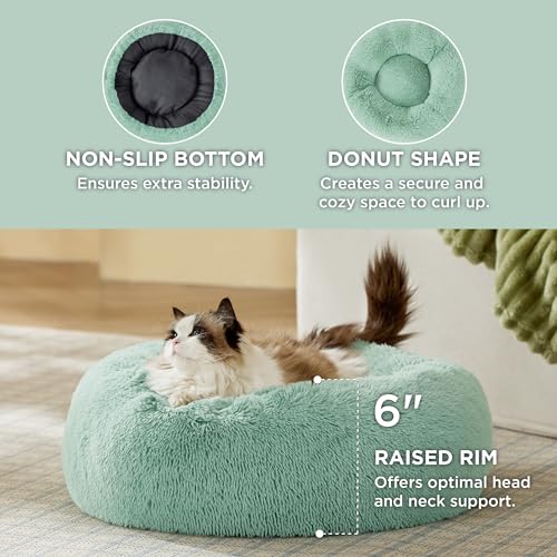 Bedsure Calming Cat Beds Donut Round Washable Kitten Bed,20 inches | Fluffy Faux Fur Cuddler,Anti-Slip Bottom,Anti-Anxiety,Deep Sleeping for Cats&Small Pets Up to 15 Lbs,Apple Green - color: Apple Green, size: 20"L x 20"W x 6"Th