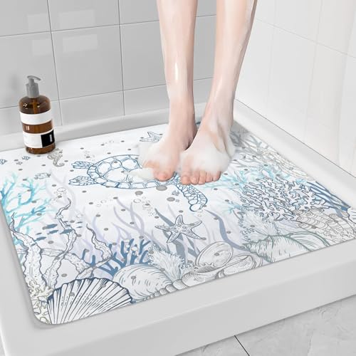 Sea Turtle Square Anti Slip Shower Mats for Inside Shower Accessories, Cute Bath Mats for Bathroom Non Slip Shower Floor Mat Decor Rubber Bathmat With Suction and Drain Holes Machine Washable, 21″X21″ - color: C04, size: 21" x 21" (Square)