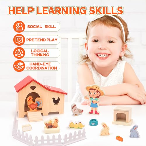 HAPGFS Wooden Dollhouse Animal Set - Realistic Mini Chicken Coop with Farmer Farm Playset - Educational Dollhouse Accessories Farm Toys for Toddlers - Montessori Pretend Play Gift for Kids Ages 3+