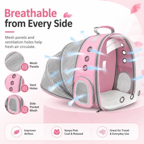 Expandable Cat Carrier Backpack with Bubble Window, Pink | Breathable mesh, anti-collapse frame, side door, safety leash and escape-resistant zippers for vet visits and outdoor travel. - color: Pink