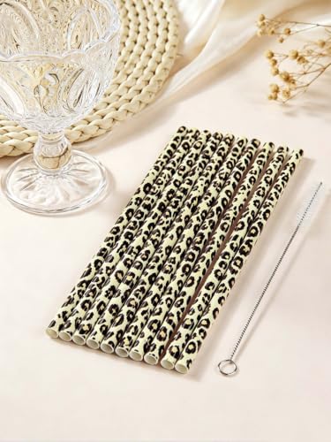 10 Pcs Reusable Brown Leopard Straws Long Straws with Cleaning Brushes | Plastic Cheetah Animal Straws Brown Leopard Print Drinking Straws for Tumblers Cups Safari Wild Favors Birthday Party Supply - color: Yellow