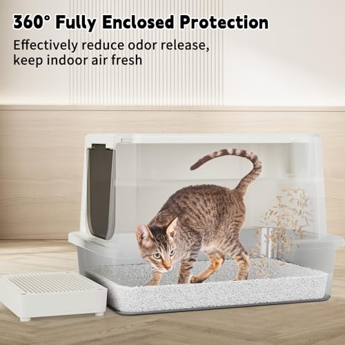 RIZZARI Stainless Steel Cat Litter Box: Dual Access, Hidden Pan, Easy Clean | Dual Front-Top Entry / Stainless Anti-Odor / Litter-Catch Pedal / Splash Guard Shield / Tool-Free Assembly / Compact Corner - color: Beige