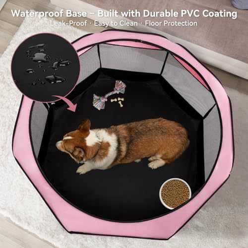 A 4 Pet 40.55-in Dog Playpen, Small Dogs & Puppies, Pink+Grey | Includes bowl, waterproof floor, pop-up design, home/travel/outdoor use - color: Pink+Grey, size: M(40.55"x40.55"x20.5")