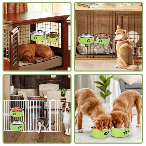 Dog Crate Water Bowl, ShineMe 54oz & 34oz Stainless Steel No Spill Crate Food and Water Bowl, Kennel Bowls Mountable for Medium and Large Dogs, Cats and Pets, Set of 2, Green (7.1x2.9” & 6.2x2.6”) - color: Green, size: L (54oz+34oz)