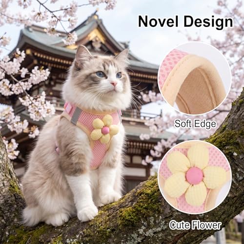 Cat Harness and Leash Set Escape Proof Adjustable Kitten Harness Breathable Mesh Vest Cat Walking Harnesses with Reflective Strips and Flower for Kitty Puppy Bunny (XS)