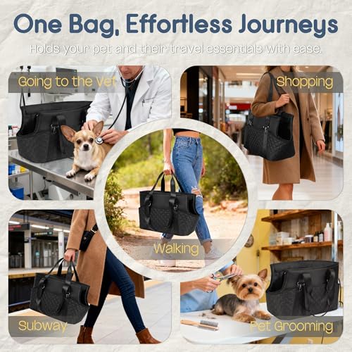 YUDODO 4-12lbs Dog Purse Carrier, Lightweight Small Dog Carrier with Large Pockets & Treat Pouch, Collapsible Pet Travel Carrier Puppy Cat Rabbit, Black, Purse+Treat Pouch