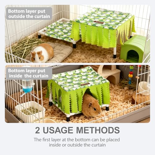 Guinea Pig Hideout 2-Layer Guinea Pig Hammock Bottomless(Green) | guinea pig bed with curtain washable Small Animal Hide Tent Rat Hideaway for Guinea Pig,hamster,Ferret,Chinchilla etc