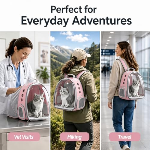 Expandable Cat Carrier Backpack with Bubble Window, Pink | Breathable mesh, anti-collapse frame, side door, safety leash and escape-resistant zippers for vet visits and outdoor travel. - color: Pink