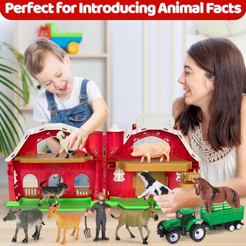 Farm Animals Toys for 1 2 3 4 5 Year Old Toddlers Girls Boys, Big Red Barn Farm Playset with Figures Animals and Tractor Toy for Kids 1-3, Educational Learning Toys, Christmas Birthday Easter Gifts