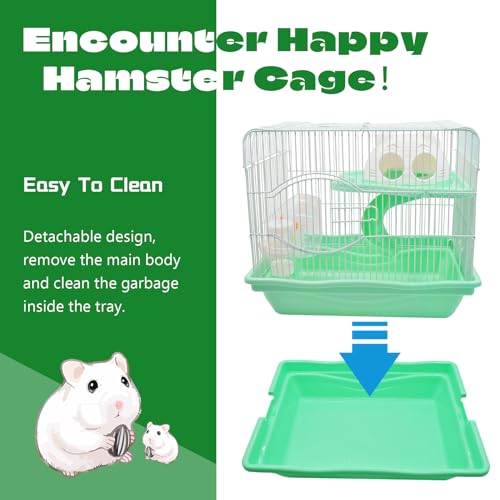 2-Tier Portable Hamster Cage and Habitats,Travel Metal Mouse Cages with Free Water Bottle,Houses and Exercise Wheel for Any Breed of Hamster and Small Animal (14.6x11.0x11.8inch Green) - color: 【Green】