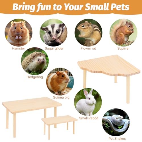 3 Pcs Hamster Platforms, Natural Pine Hamster Play Table, Rectangular & Triangle Hamsters Wooden Playground with Platforms for Hamsters, Gerbils, Mice, Squirrel, Small Pets Cage Accessories
