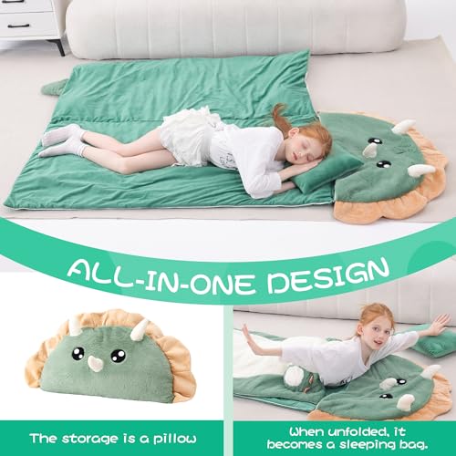 70" 4.2lbs Kids Sleeping Bag with Pillow Green Dino Toddler Nap Mat | Sleep Sack 2-in-1 Sleeping Mat&Blanket Washable Rolls Up W/Handle For Daycare Kindergarten Thick Soft & Portable In Gift Box - color: Dinosaur-Green