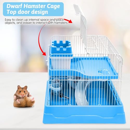 PINVNBY 2-Tier Dwarf Hamster Cage, Travel Portable Guinea Pig Cages Rat Cage and Habitats Small Animal Carrier with Castle House Exercise Wheels, Water Bottle and Food Dish(Blue) - color: Blue, size: M: 11.7x8.7x9.8in