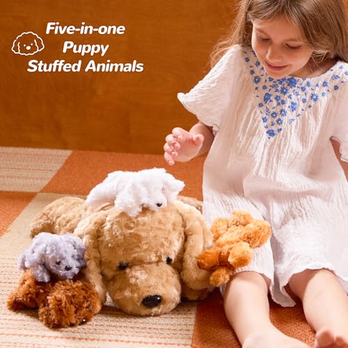 Dog Stuffed Animals Toys Gifts for Girls, Puppy Mommy with 4 Baby Puppies | Cute Stuffed Plush Toys Set for Toddlers Kids Ages 0-8+, Christmas Birthday Baby Shower Party Decor Storytime Companion Gifts - style: Dog